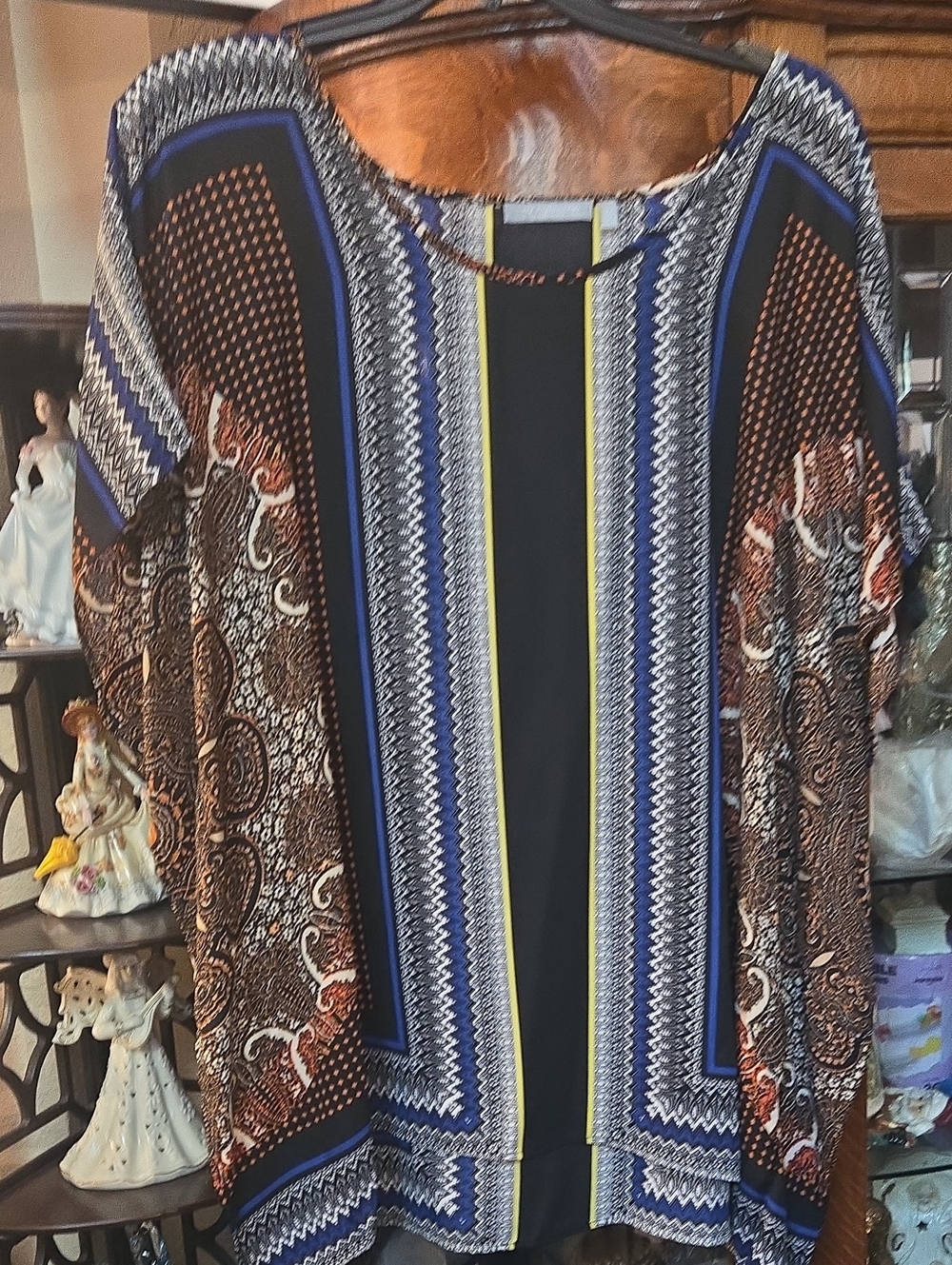 NY Collection Black Tunic with Blue and Brown Paisley Accents